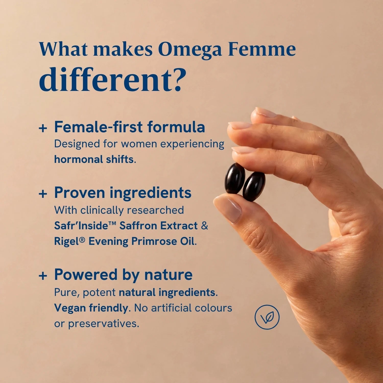 Graphic with woman holding Efamol Omega Femme capsules - what makes Omega Femme different