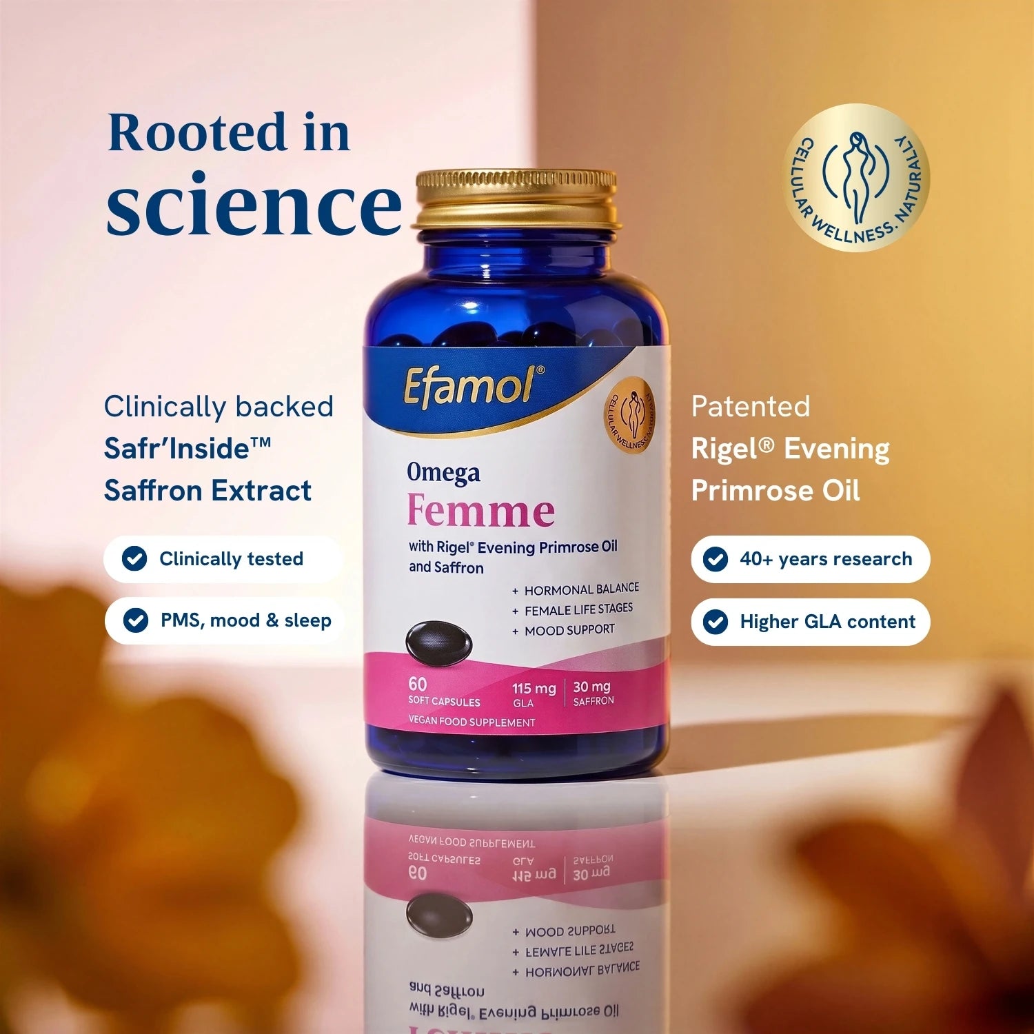 Image of Efamol Omega Femme in studio pink studio with text saying Rooted in Science.