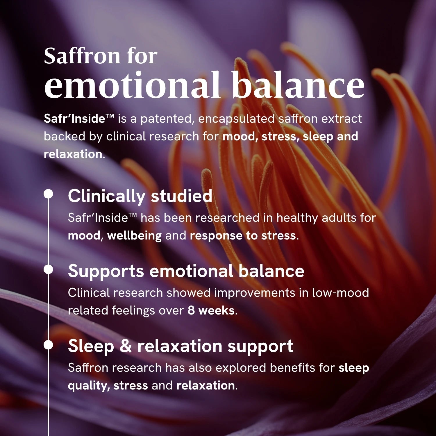 Image of saffron flower with graphic saying Saffron for emotional balance. 