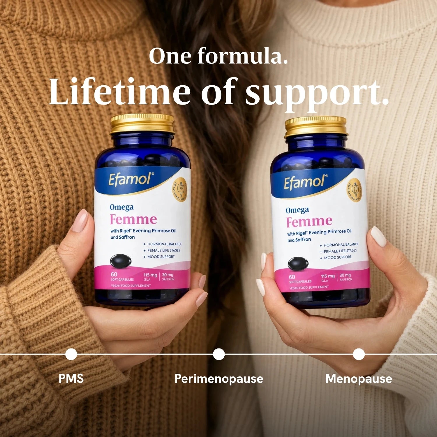2 women holding Efamol Omega Femme with graphic saying one formula, lifeime of support 