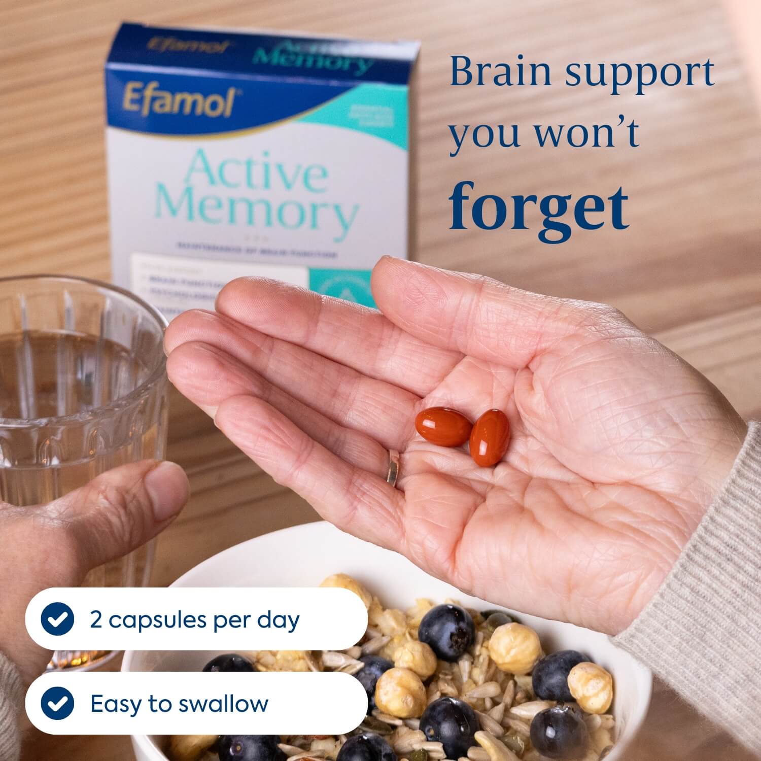 Efamol Active Memory brain and memory supplement 2 capsules per day, easy to swallow