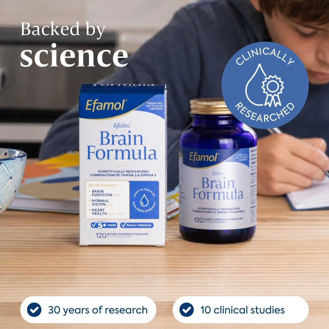Efamol Efalex Brain Formula Child doing Homework, backed by science