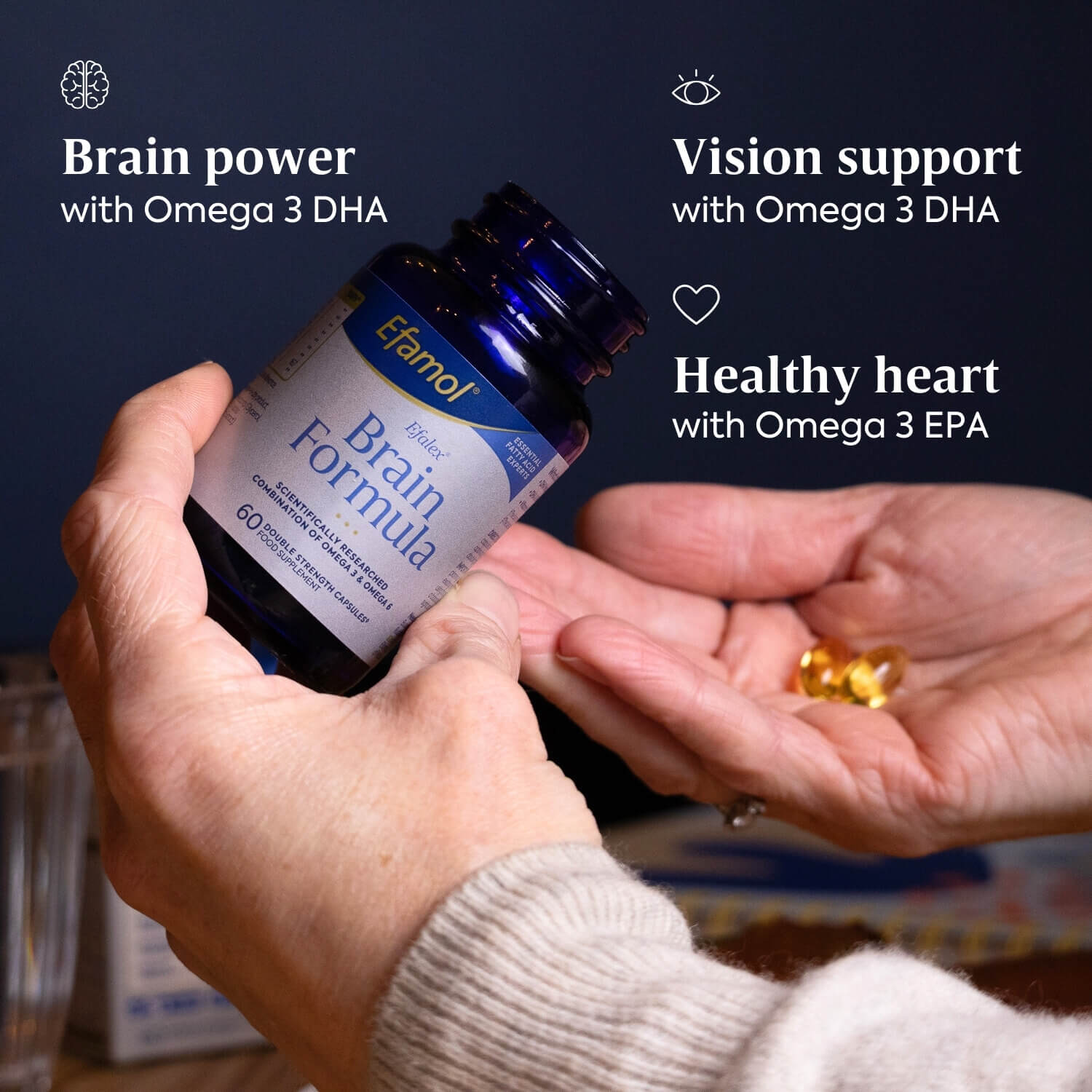 Efamol Efalex Brain Formula Capsules benefits with icons - brain, vision, heart support