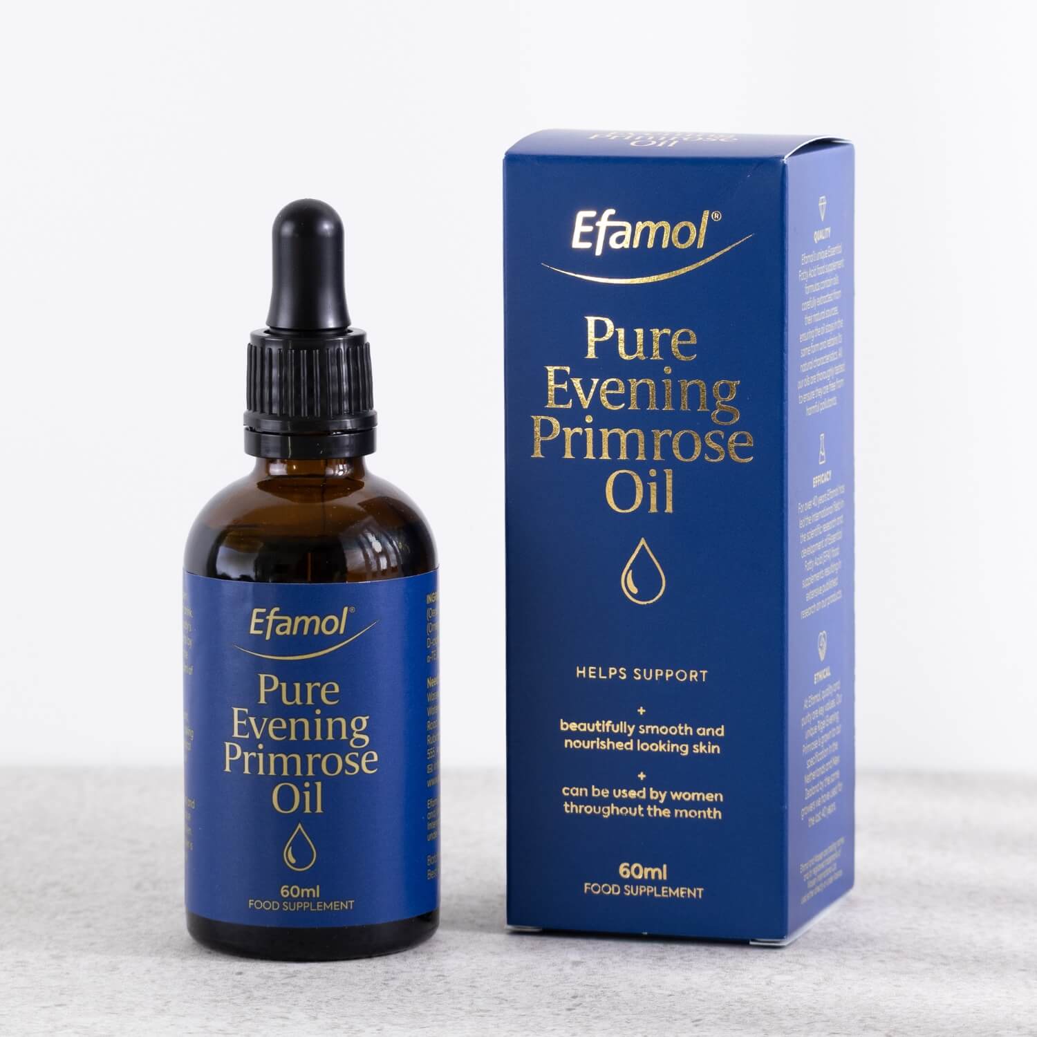 Efamol Evening Primrose Oil Dropper vegan supplement for skin appearance, menopause friendly on white background
