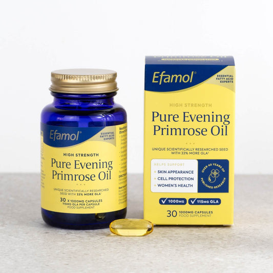 Efamol Evening Primrose Oil Capsules, skin and women's health supplement on white background
