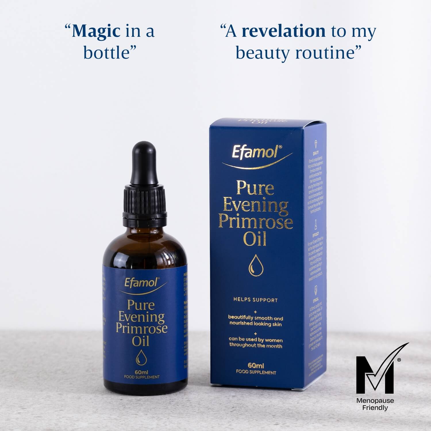 Efamol Evening Primrose Oil Dropper vegan supplement for glowing skin + customer reviews, menopause friendly
