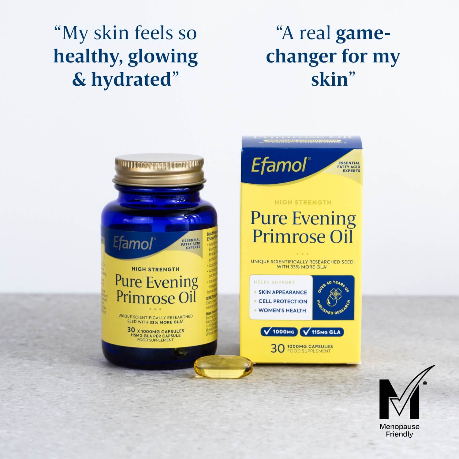 Efamol Evening Primrose Oil Capsules supplement for glowing skin + customer reviews. Menopause friendly.