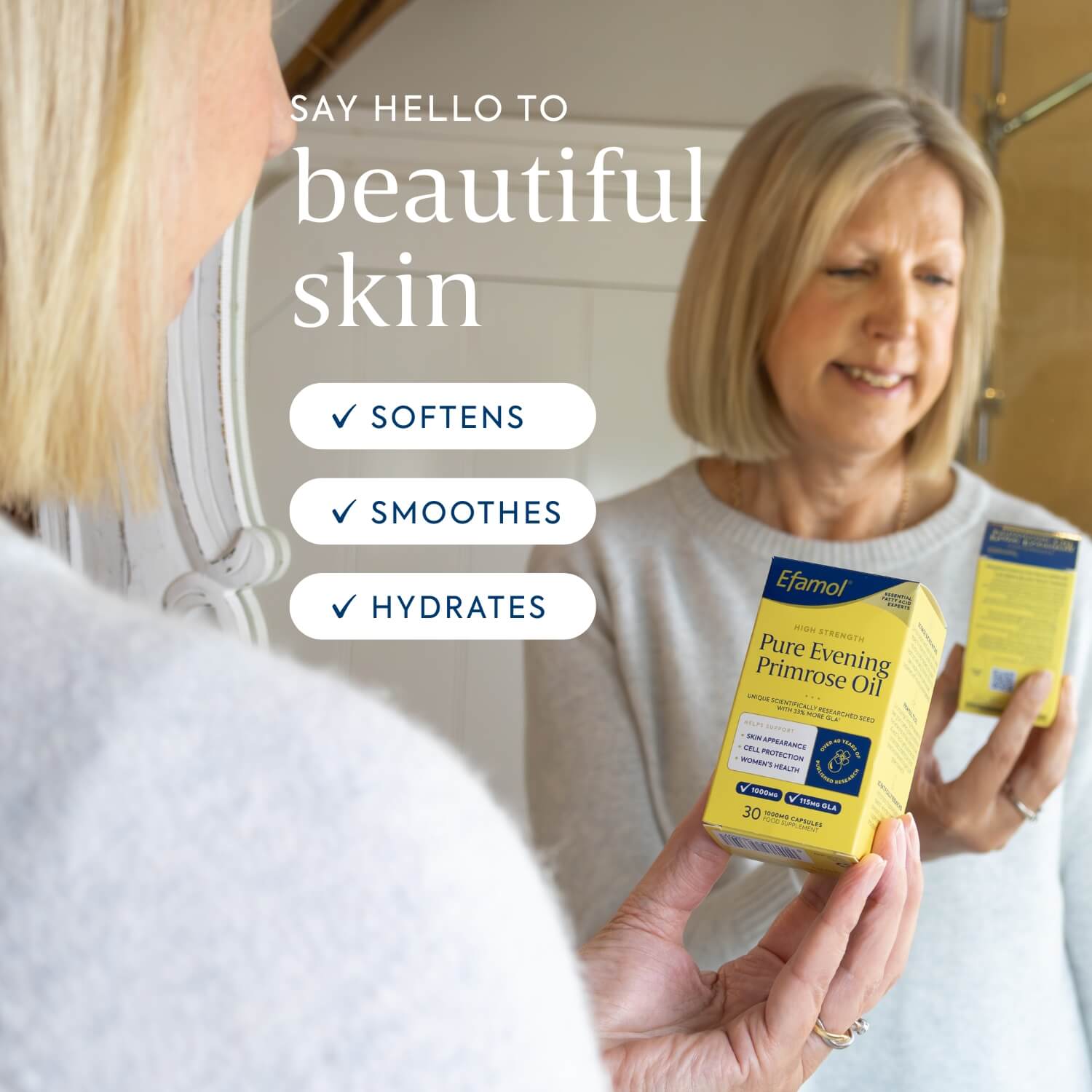 Efamol Evening Primrose Oil Capsules supports softer, smoother, more hydrated looking skin
