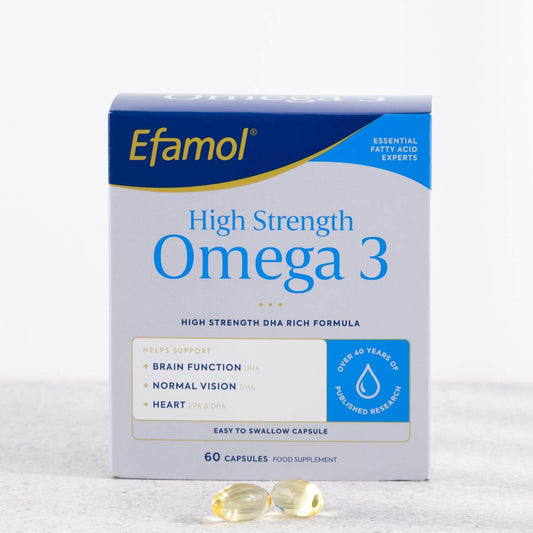 Efamol High Strength Omega 3 brain health supplement packaging on a white background