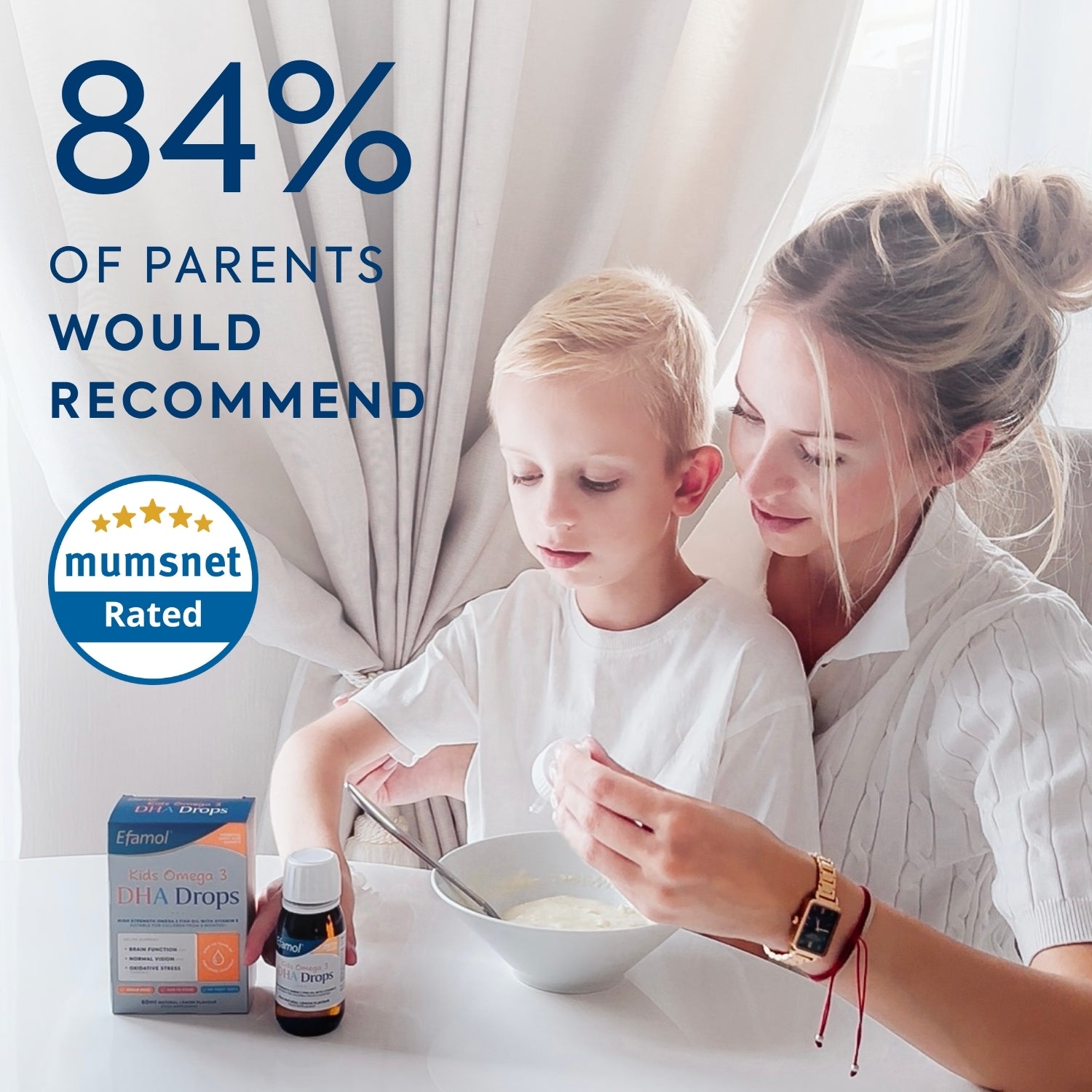 Woman and child with Efamol Kids DHA Drops supplement and a mumsnet rated badge.