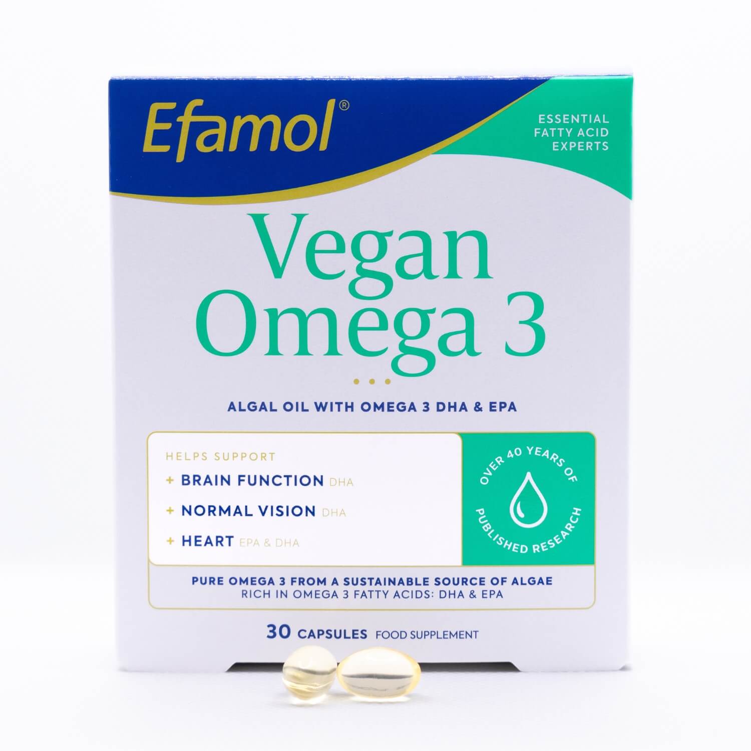 Efamol Vegan Omega 3 supplement packaging with two capsules in front on a white background