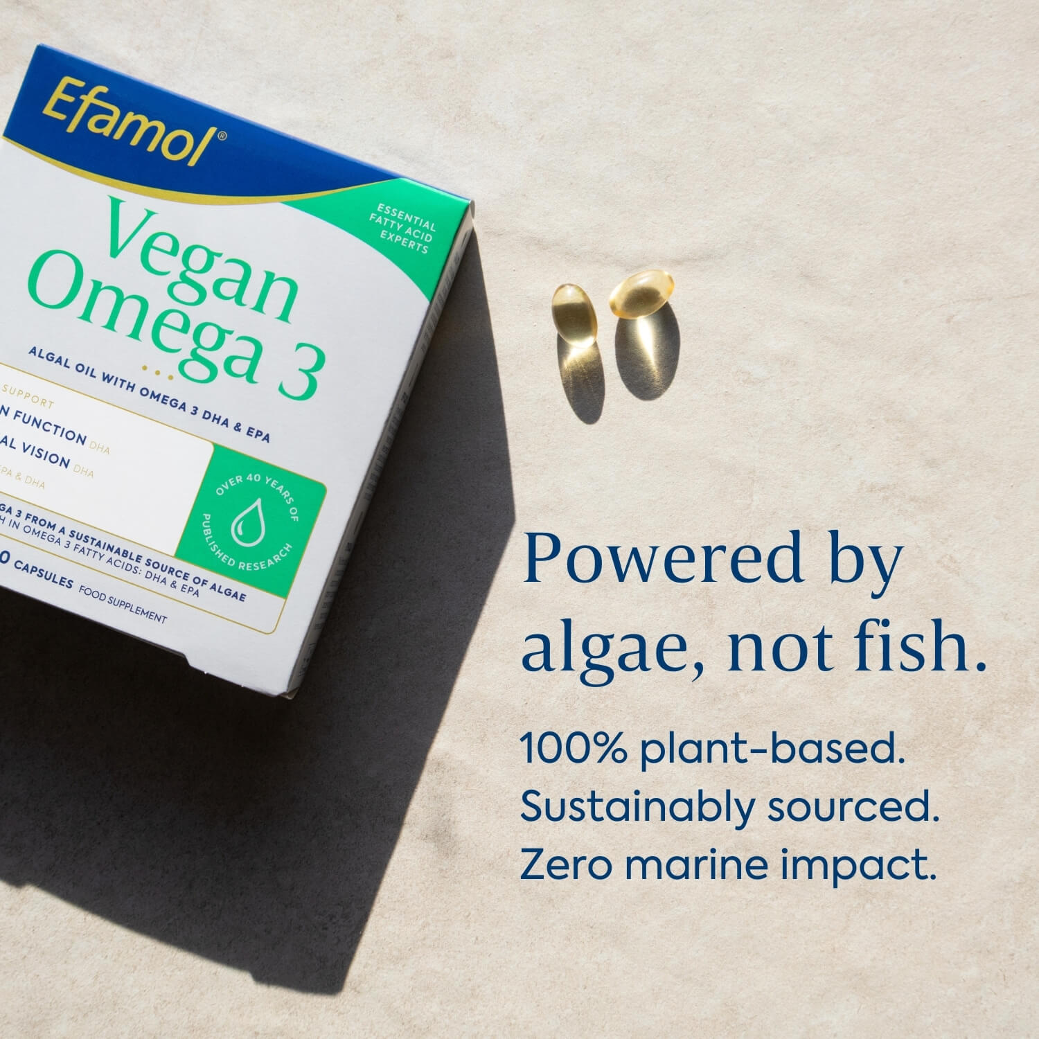 Powered by algae, not fish. 100% plant based. Sustainably sourced. Zero marine impact. 