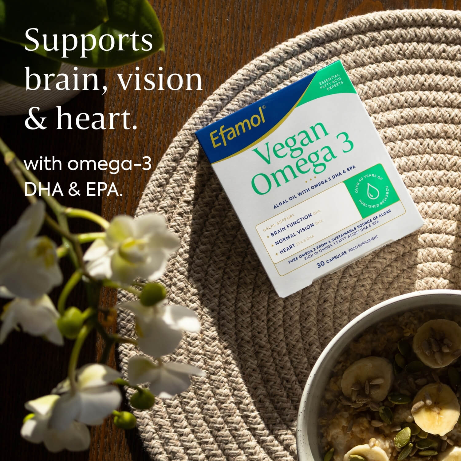 Supports brain, vision and heart, with omega 3 DHA and EPA